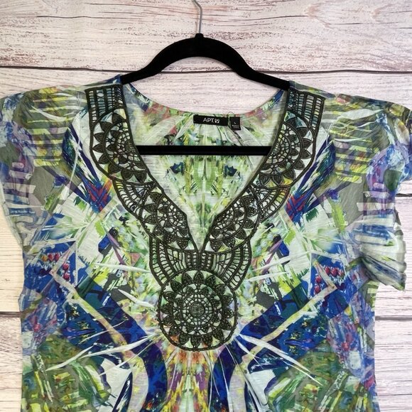Apt 9 Blouse Size L Tie-Dye Green Blue Crochet Overlay Rhinestones V-Neck Y2K - Picture 3 of 12